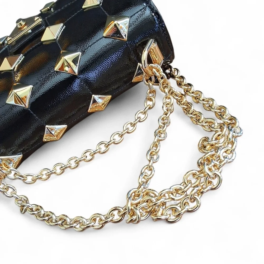 Michael Kors Whitney Studded Patent Leather Shoulder Bag Black Gold